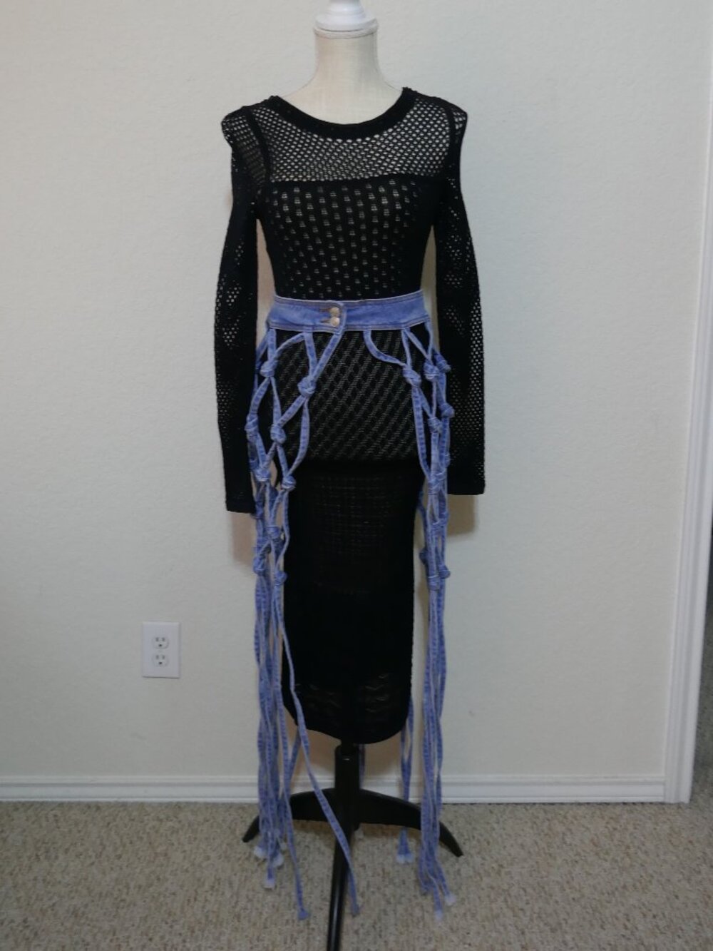 Fringed Denim Knotted Macrame Belt Wrap Festival Boho Accessory Med